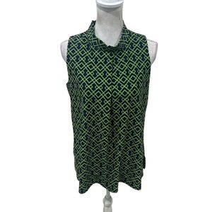 Jude Connally Green navy Geometric sleeveless mock neck Blouse size large